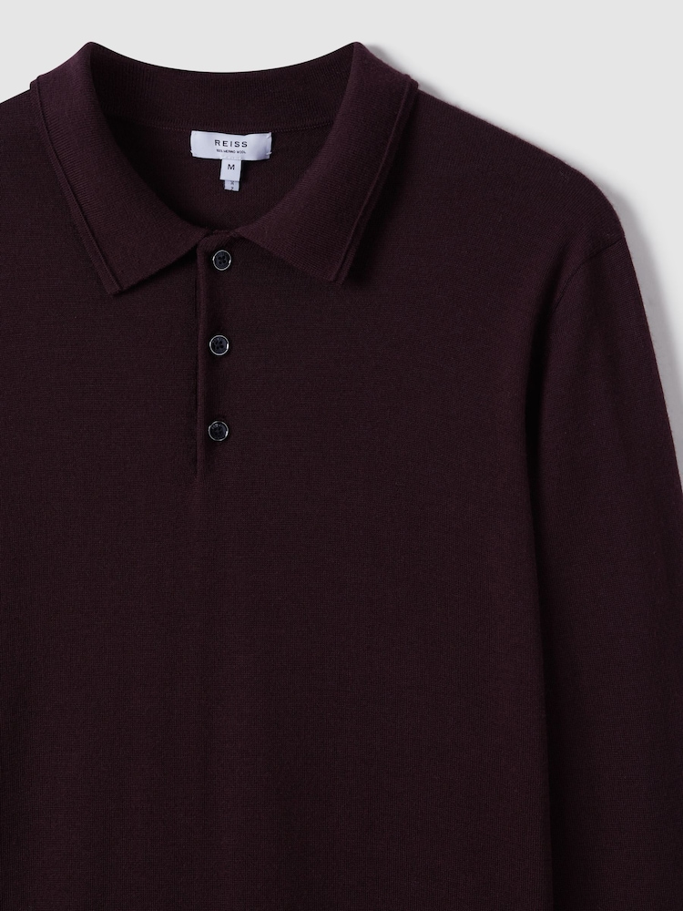 Reiss Dark Bordeaux Trafford Merino Wool Polo Shirt - Image 5 of 7