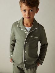 Reiss Sage Green Myers Set 3-9 yrs Brushed-Cotton Piped-Trim Pyjamas Set - Image 1 of 6