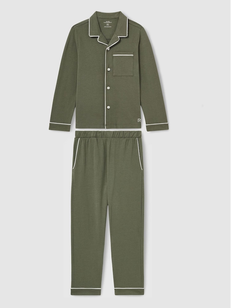 Reiss Sage Green Myers Set 3-9 yrs Brushed-Cotton Piped-Trim Pyjamas Set - Image 2 of 6