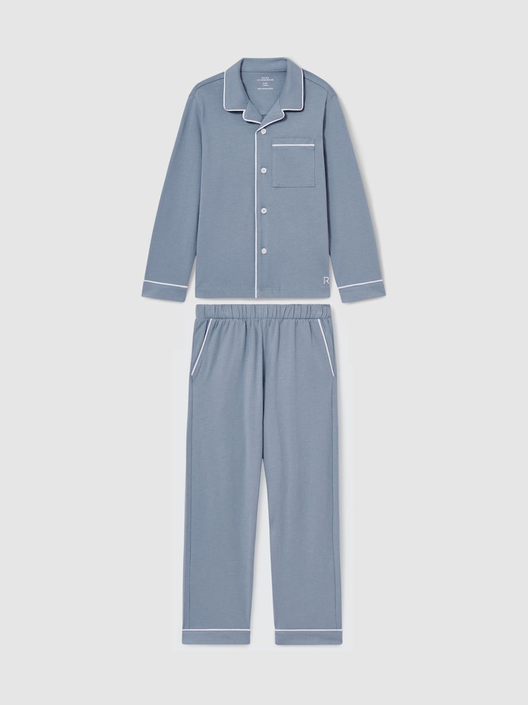 Reiss Airforce Blue Myers Set 3-9 yrs Brushed-Cotton Piped-Trim Pyjama Set - Image 2 of 4