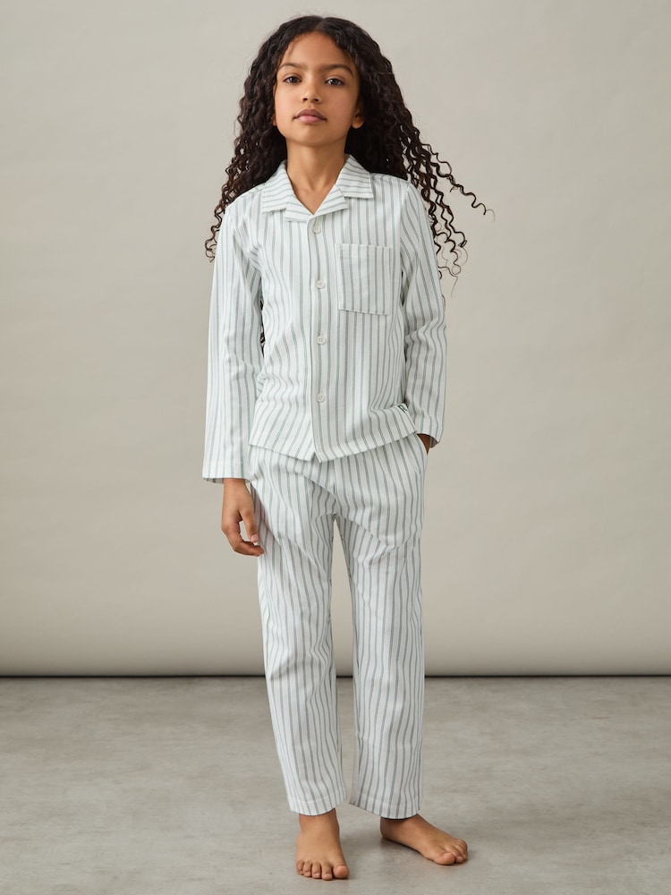 Reiss Sage Green/White Stripe Cohen Set 9-13 yrs Brushed-Cotton Striped Pyjama Set - Image 1 of 6