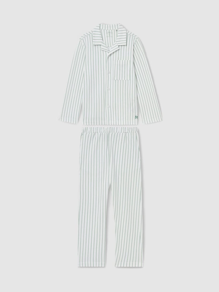 Reiss Sage Green/White Stripe Cohen Set 9-13 yrs Brushed-Cotton Striped Pyjama Set - Image 2 of 6