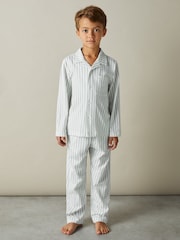 Reiss Sage Green/White Stripe Cohen Set 9-13 yrs Brushed-Cotton Striped Pyjama Set - Image 3 of 6