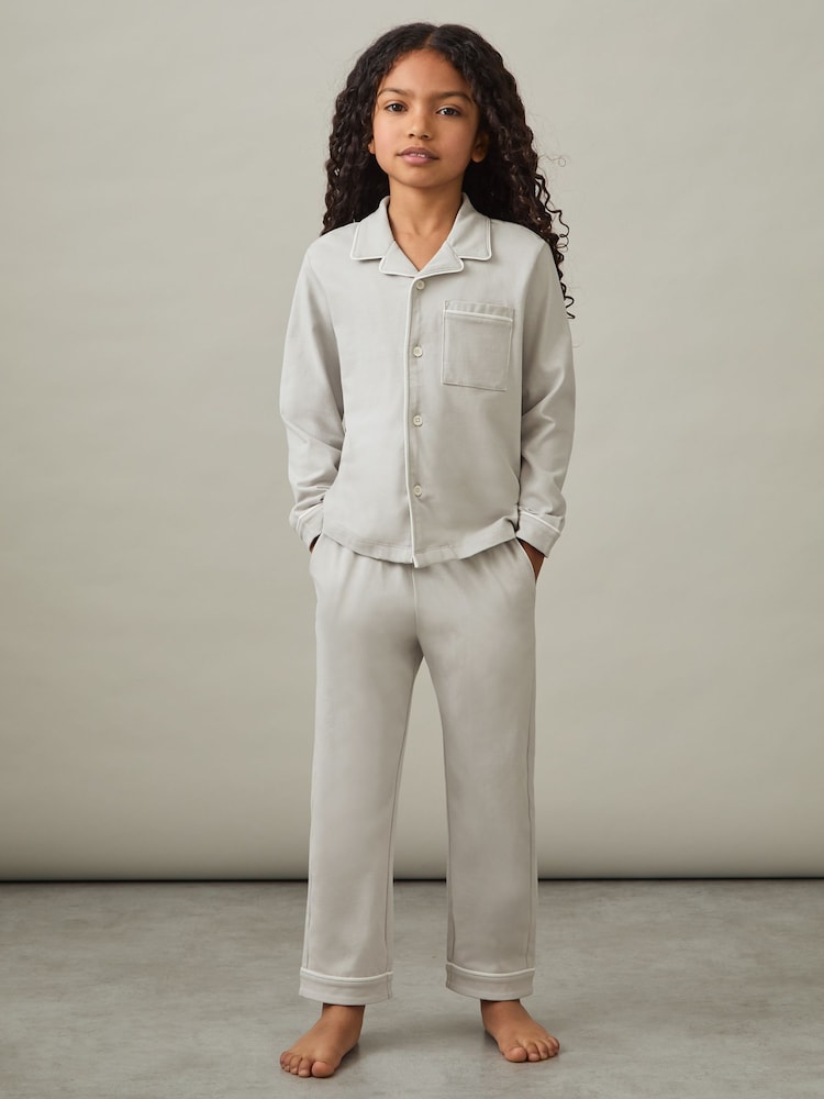 Reiss Soft Grey Myers Set 3-9 yrs Brushed-Cotton Piped-Trim Pyjamas Set - Image 3 of 7