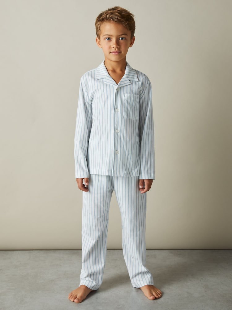 Reiss Airforce Blue/White Stripe Cohen Set 9-13 yrs Brushed-Cotton Striped Pyjama Set - Image 1 of 5