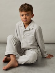 Reiss Soft Grey Myers Set 9-13 yrs Brushed-Cotton Piped-Trim Pyjamas Set - Image 4 of 7