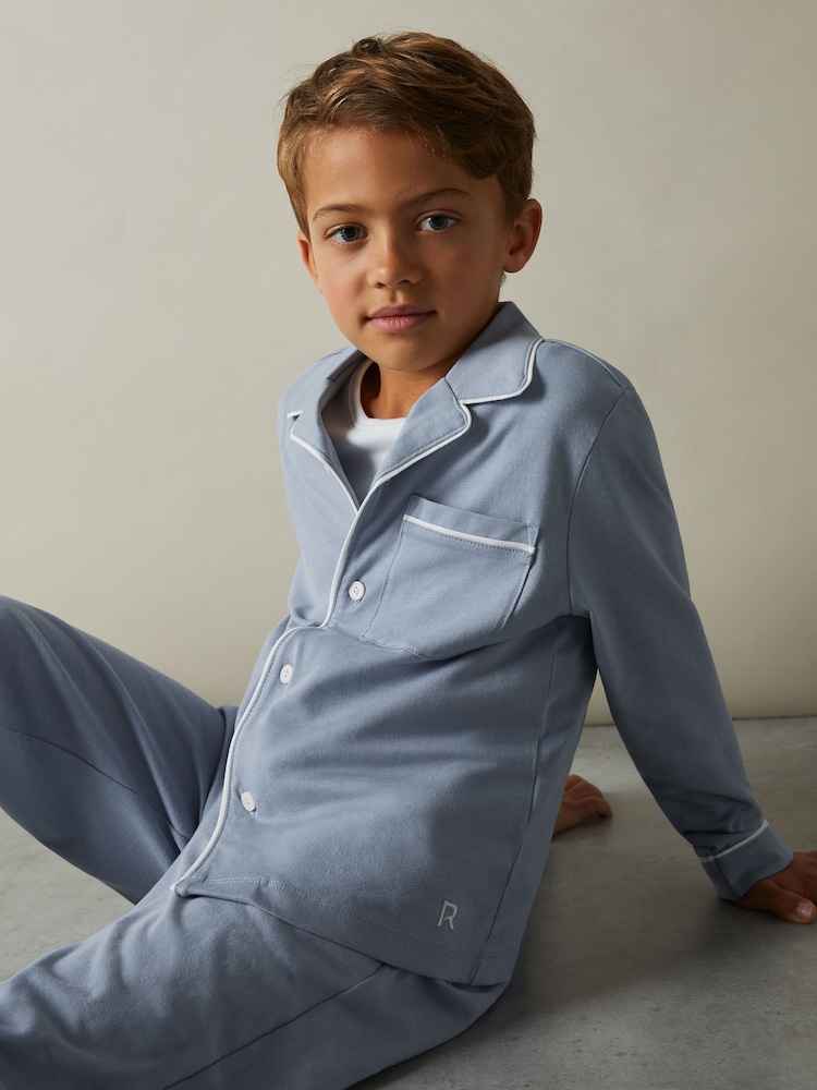 Reiss Airforce Blue Myers Set 9-13 yrs Brushed-Cotton Piped-Trim Pyjama Set - Image 1 of 4