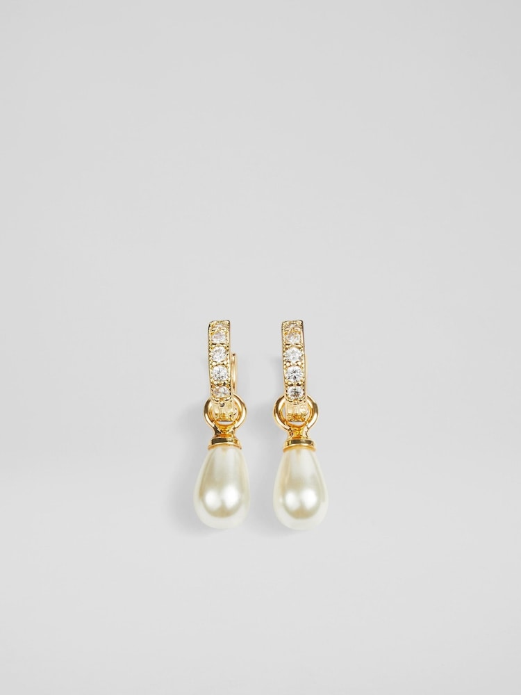 LK Bennett Gold Tone Julie Drop Hoop In And Pearl Earrings - Image 1 of 2 LK Bennett Gold Tone Julie Drop Hoop In And Pearl Earrings - Image 1 of 2