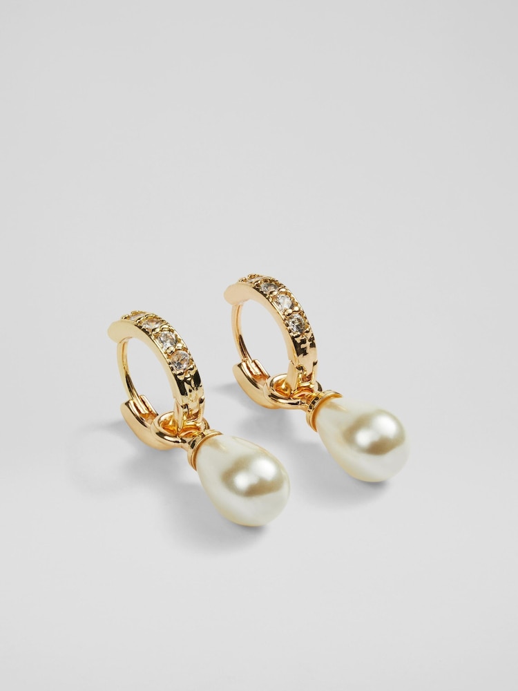 LK Bennett Gold Tone Julie Drop Hoop In And Pearl Earrings - Image 2 of 2 LK Bennett Gold Tone Julie Drop Hoop In And Pearl Earrings - Image 2 of 2