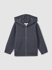 Reiss Steel Blue Vark 3-9 yrs Cotton Blend Textured Zip-Front Hoodie - Image 2 of 4