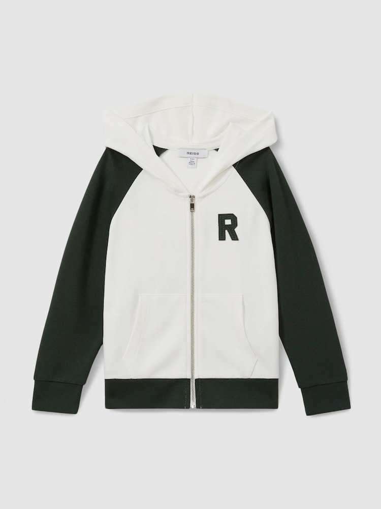 Reiss White/Emerald Green Austin 3-9 yrs Interlock Jersey Colourblock Hoodie - Image 2 of 4