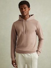 Reiss Pale Blush Pink Fabien Interlock Jersey Drawstring Hoodie - Image 1 of 4