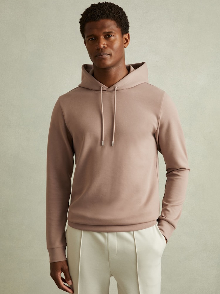 Reiss Pale Blush Pink Fabien Interlock Jersey Drawstring Hoodie - Image 1 of 4