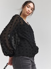 Simply Be Black Dobby Tie Front Blouse - Image 1 of 4