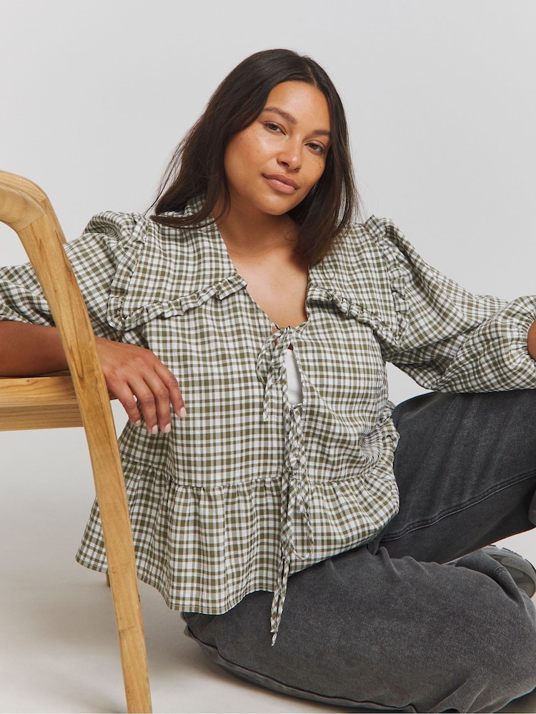 Simply Be Green Gingham Tie Front Collared Blouse - Image 1 of 4 Simply Be Green Gingham Tie Front Collared Blouse - Image 1 of 4