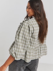Simply Be Green Gingham Tie Front Collared Blouse - Image 2 of 4