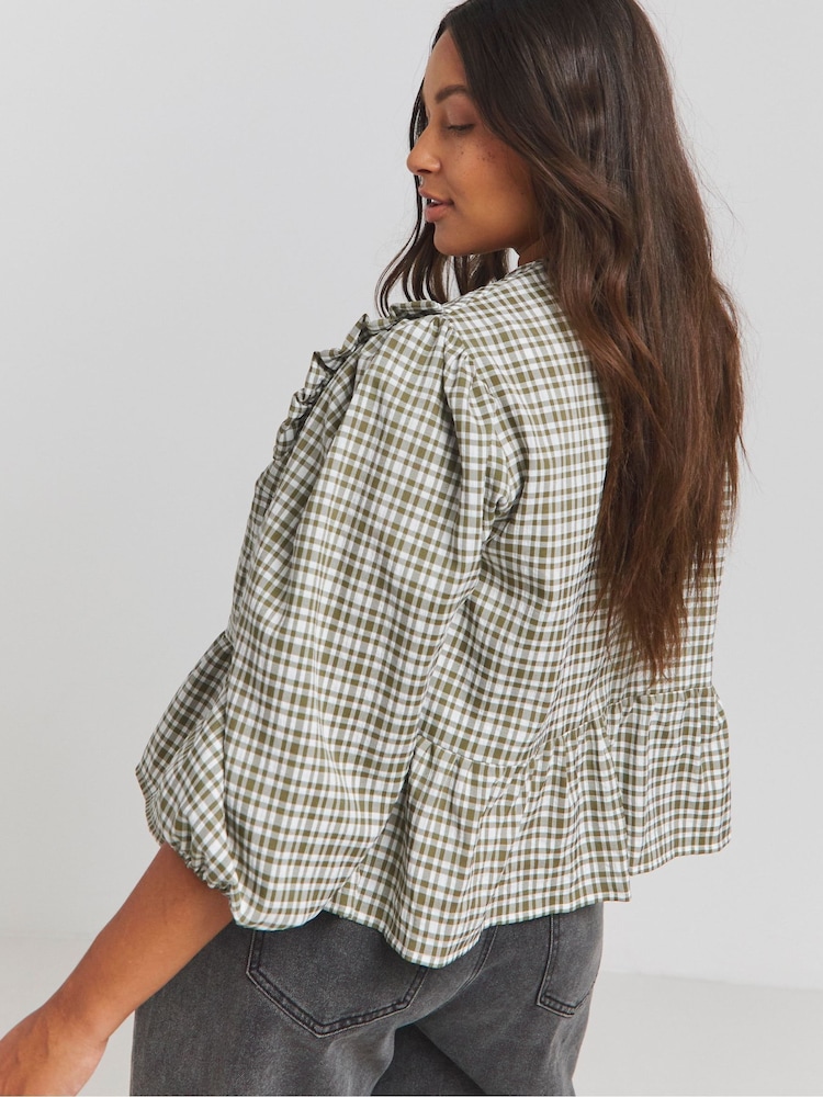 Simply Be Green Gingham Tie Front Collared Blouse - Image 2 of 4 Simply Be Green Gingham Tie Front Collared Blouse - Image 2 of 4