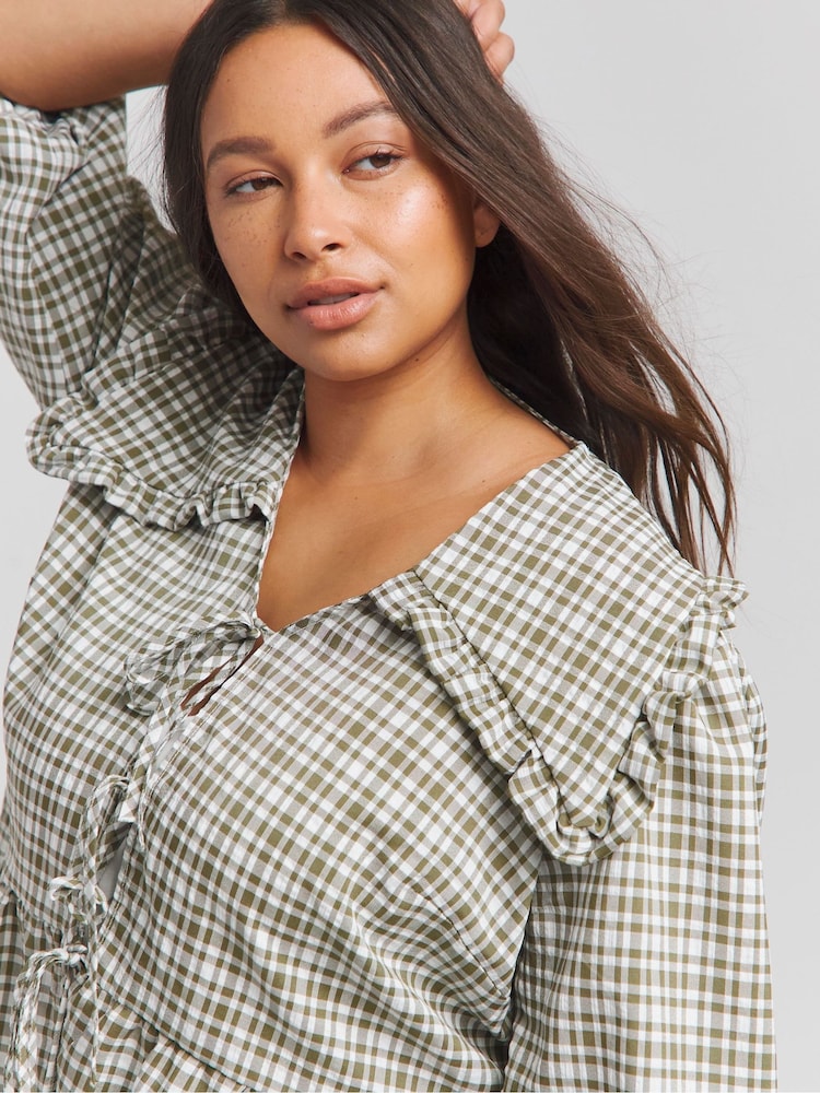 Simply Be Green Gingham Tie Front Collared Blouse - Image 4 of 4 Simply Be Green Gingham Tie Front Collared Blouse - Image 4 of 4