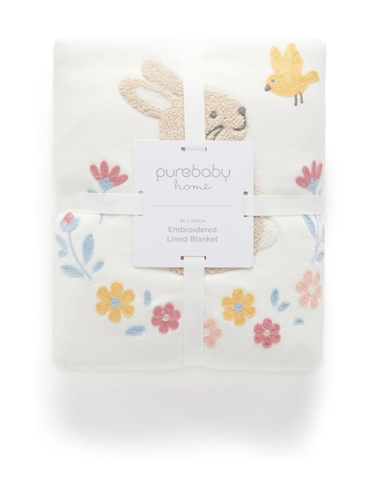 Purebaby Cream Embroidered Lined 100% Cotton Blanket - Image 4 of 5