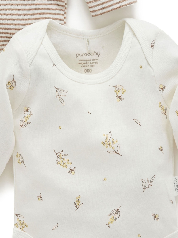 Purebaby Cream Long Sleeve Printed 100% Cotton Bodysuits 2 Pack - Image 4 of 4