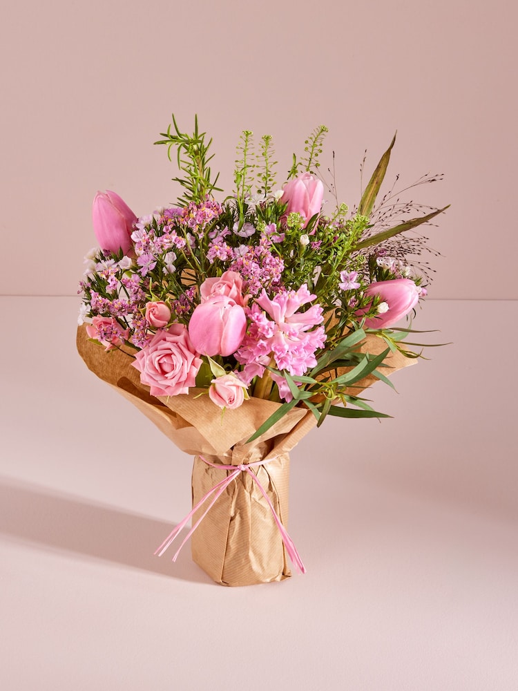 Pink Tulip and Hyacinth Bouquet With Wrapped Glass Vase - Image 1 of 5
