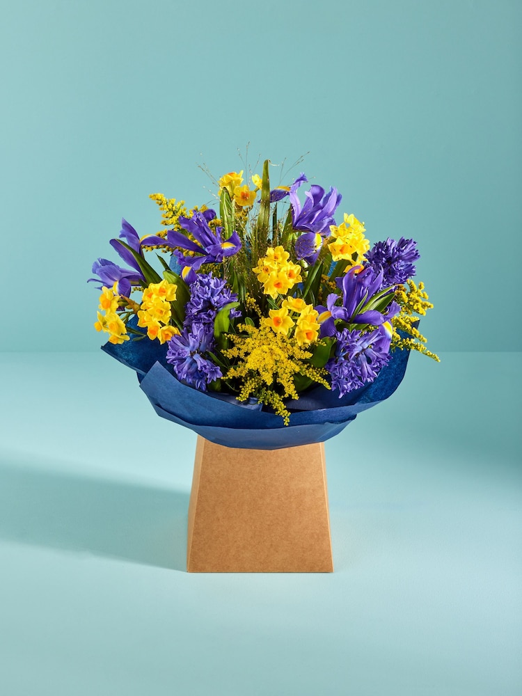 Blue/Yellow Hyacinth and Iris Fresh Flower Bouquet in Gift Bag - Image 1 of 5