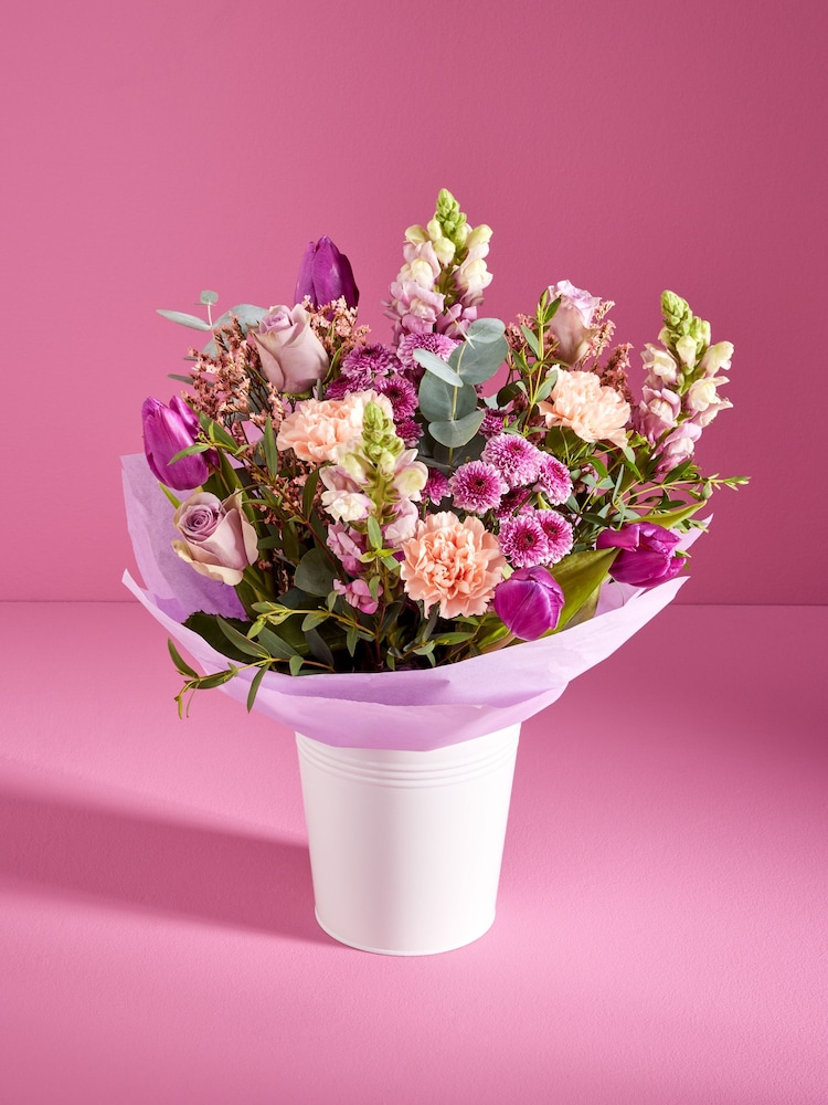 Lilac Purple Rose and Antirrhinum Fresh Flower Bouquet in Pail - Image 1 of 4