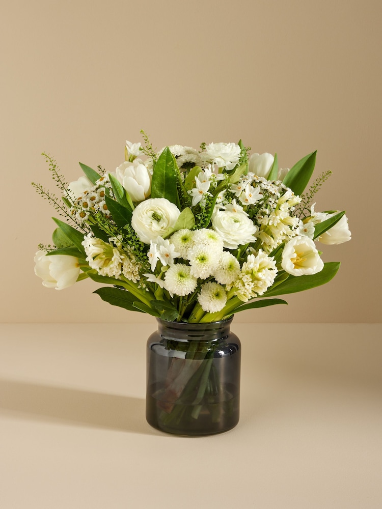 White Luxury Tulip and Ranunculus Fresh Flower Bouquet with Vase - Image 1 of 5