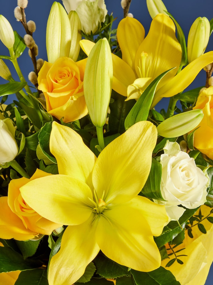 Yellow/White Rose and Lily Fresh Flower Bouquet in Gift Bag - Image 2 of 5