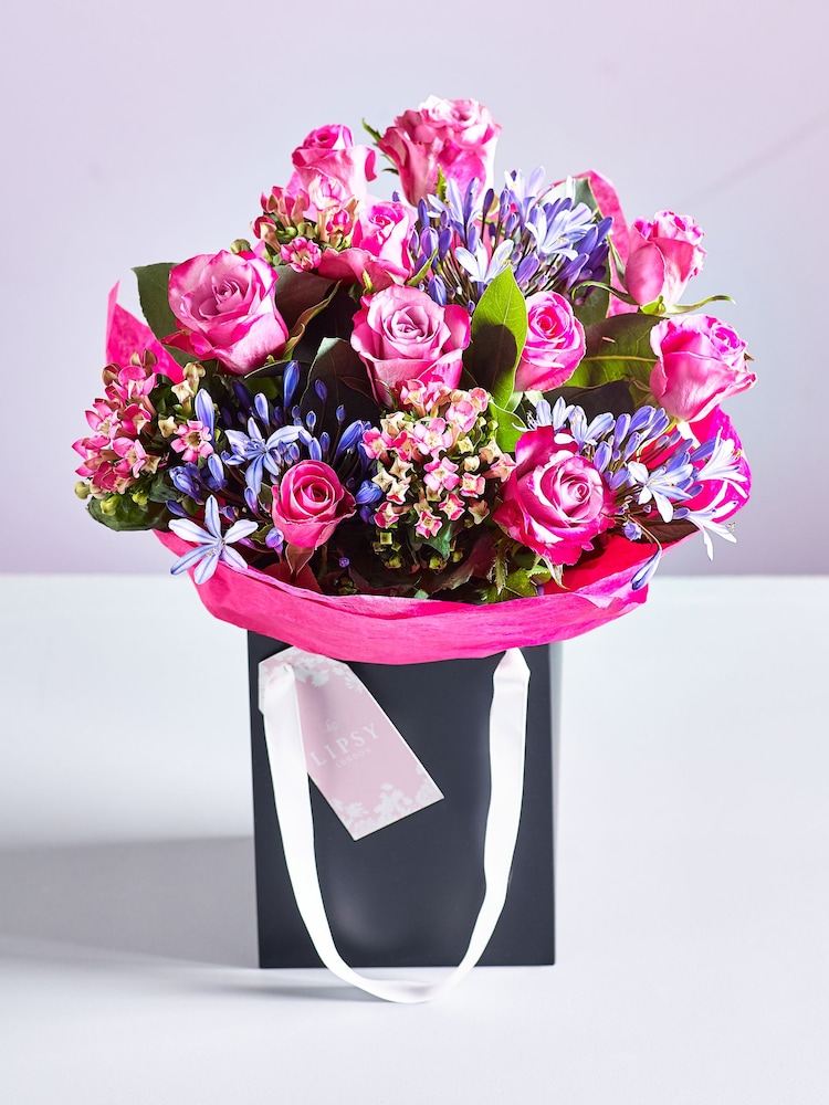Lipsy Pink Rose and Agapanthus Fresh Flower Bouquet in Gift Bag - Image 1 of 5