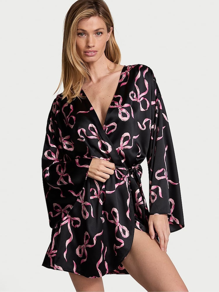 Victoria's Secret Black Bows Satin Short Robe - Image 1 of 3