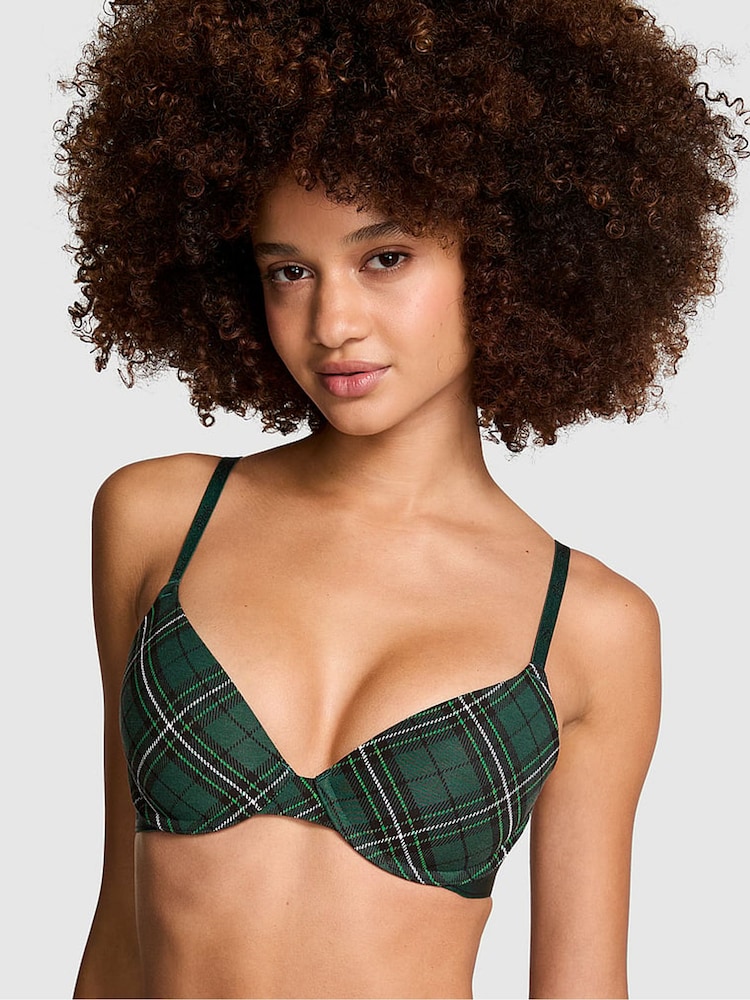 Victoria's Secret PINK Deep Forest Green Plaid T Shirt Cotton Logo Bra - Image 1 of 4