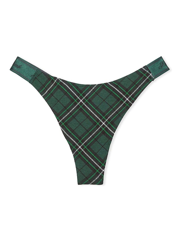 Victoria's Secret PINK Deep Forest Green Plaid Thong Cotton Logo Knickers - Image 1 of 1
