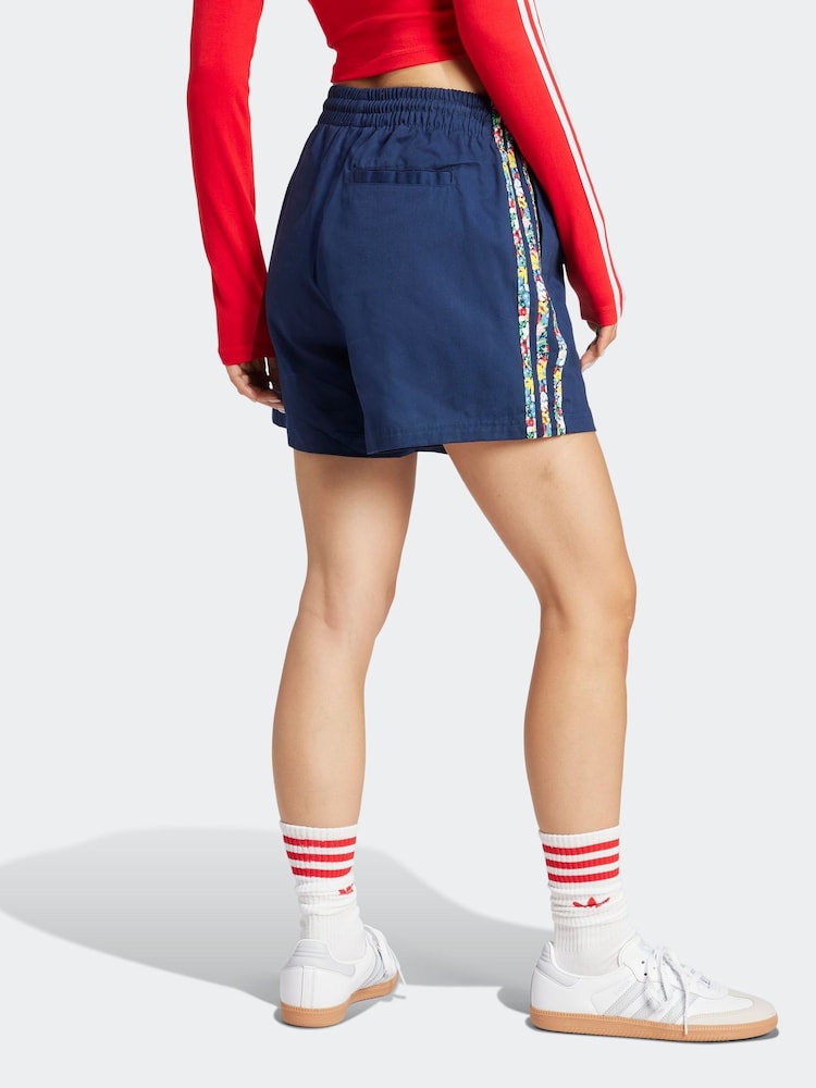 adidas originals Blue Blue Liberty London 3 Stripe 100% Cotton Shorts - Image 2 of 6
