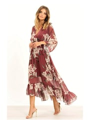 Yumi Rosewood Pink Floral Kimono Sleeves Dip Hem Wrap Midi Dress - Image 1 of 4