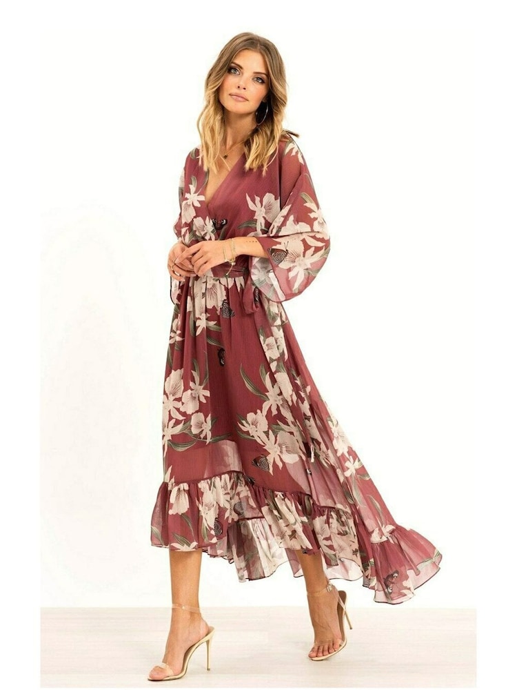 Rosenholz-Pink - Yumi – Midi-Wickelkleid mit Blumenmuster und Kimono-Ärmeln - Bild 1 von 4 Rosenholz-Pink - Yumi – Midi-Wickelkleid mit Blumenmuster und Kimono-Ärmeln - Bild 1 von 4