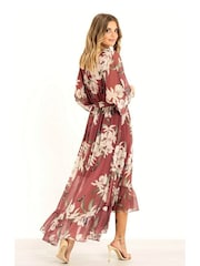 Yumi Rosewood Pink Floral Kimono Sleeves Dip Hem Wrap Midi Dress - Image 3 of 4