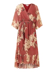 Yumi Rosewood Pink Floral Kimono Sleeves Dip Hem Wrap Midi Dress - Image 4 of 4