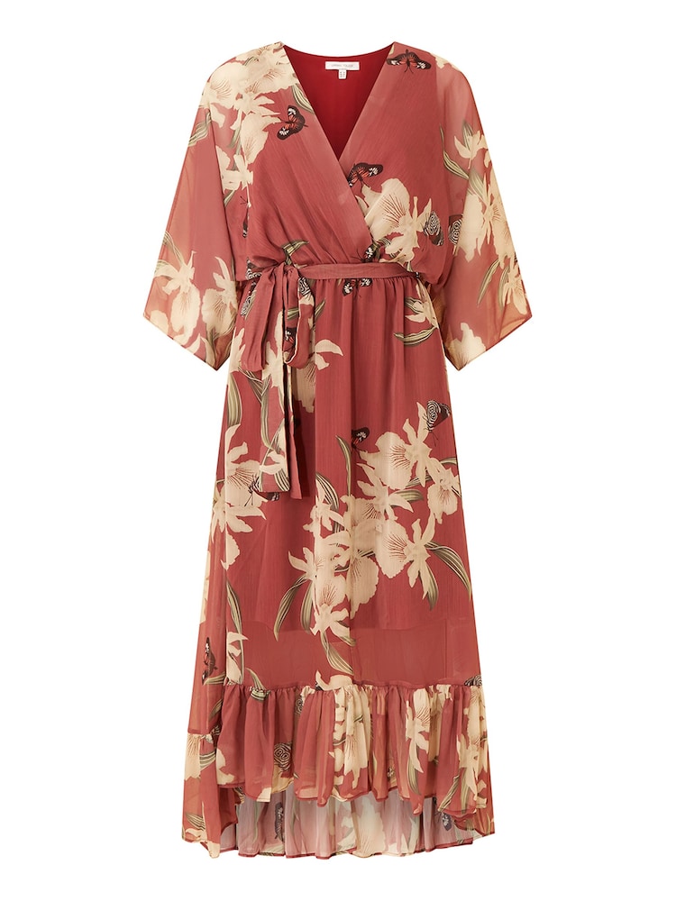 Yumi Rosewood Pink Floral Kimono Sleeves Dip Hem Wrap Midi Dress - Image 4 of 4