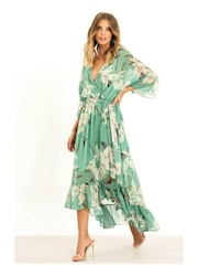 Yumi Sage Green Floral Kimono Sleeves Dip Hem Wrap Midi Dress - Image 1 of 5