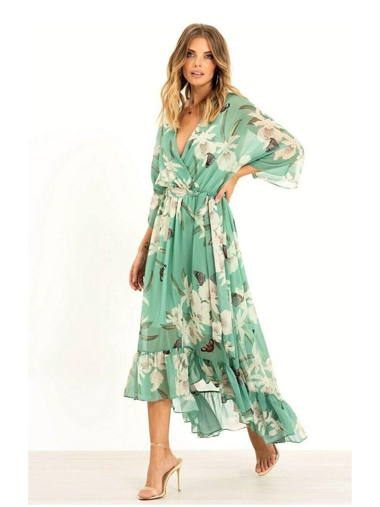 Yumi Sage Green Floral Kimono Sleeves Dip Hem Wrap Midi Dress - Image 1 of 5