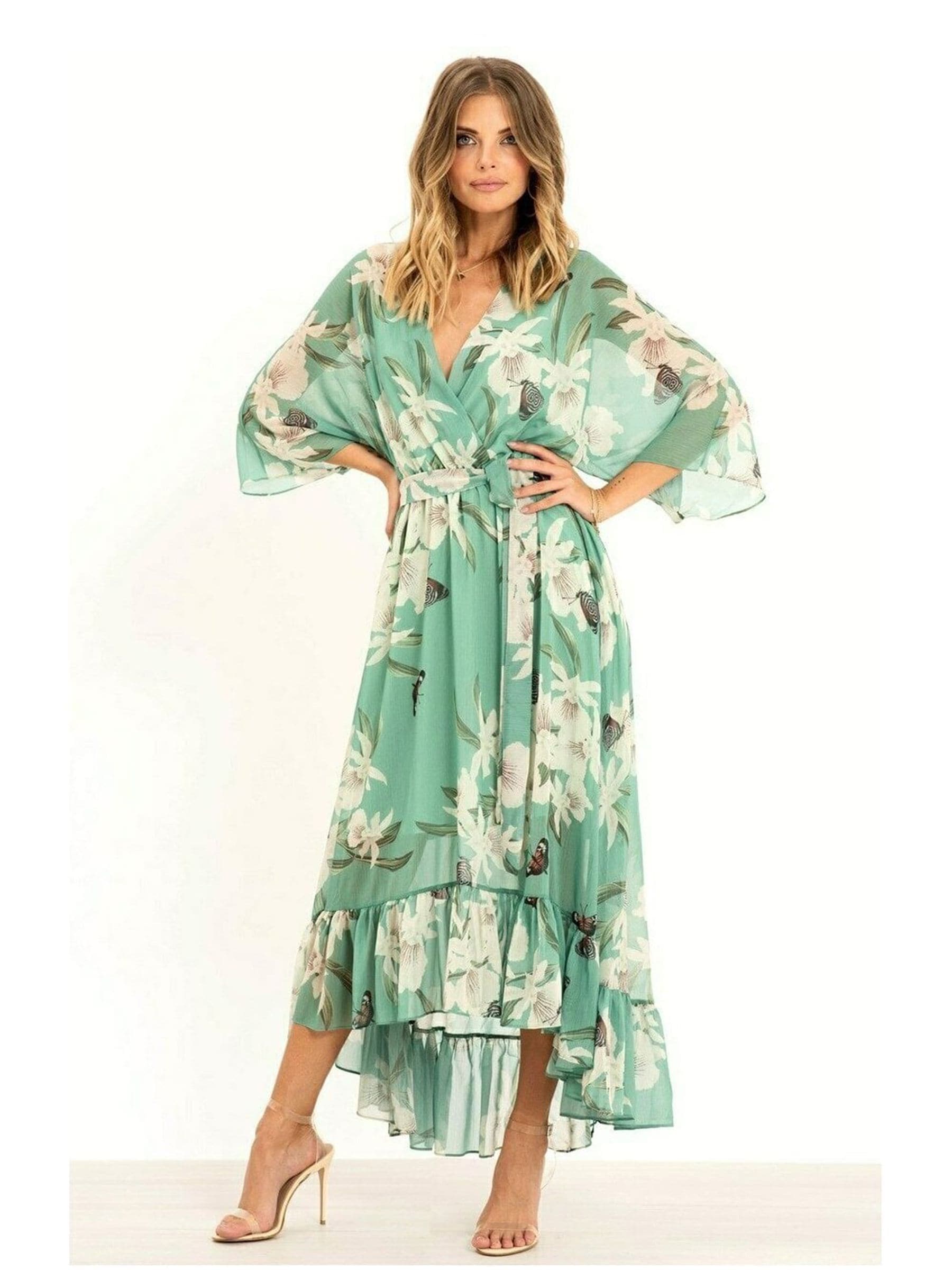 Buy Yumi Sage Green Floral Kimono Sleeves Dip Hem Wrap Midi Dress from Next Australia