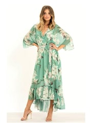 Yumi Sage Green Floral Kimono Sleeves Dip Hem Wrap Midi Dress - Image 2 of 5