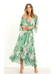 Yumi Sage Green Floral Kimono Sleeves Dip Hem Wrap Midi Dress - Image 3 of 5