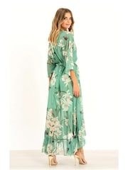 Yumi Sage Green Floral Kimono Sleeves Dip Hem Wrap Midi Dress - Image 4 of 5
