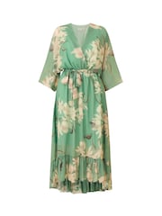 Yumi Sage Green Floral Kimono Sleeves Dip Hem Wrap Midi Dress - Image 5 of 5