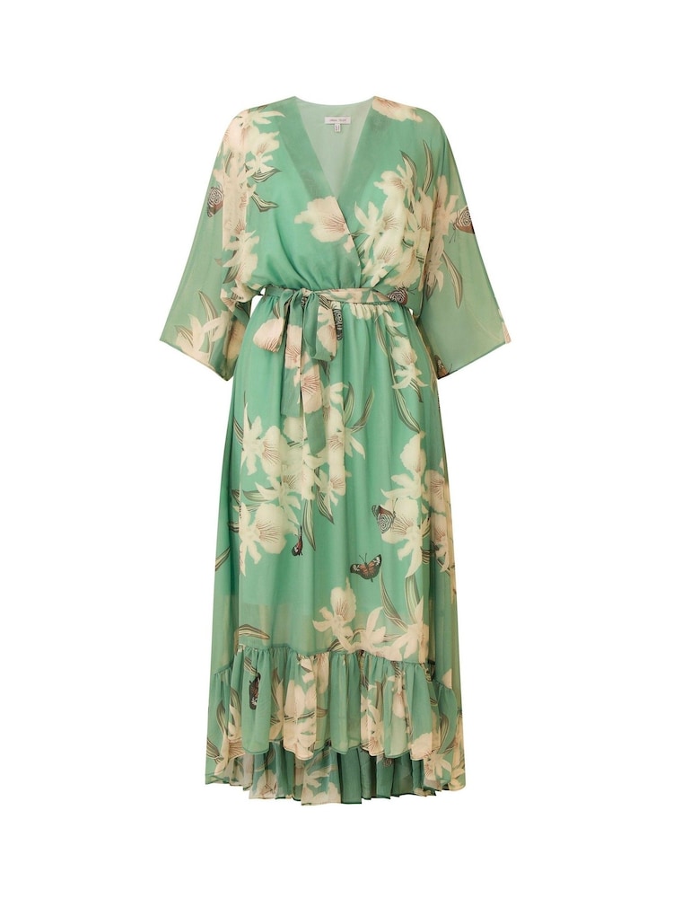Yumi Sage Green Floral Kimono Sleeves Dip Hem Wrap Midi Dress - Image 5 of 5