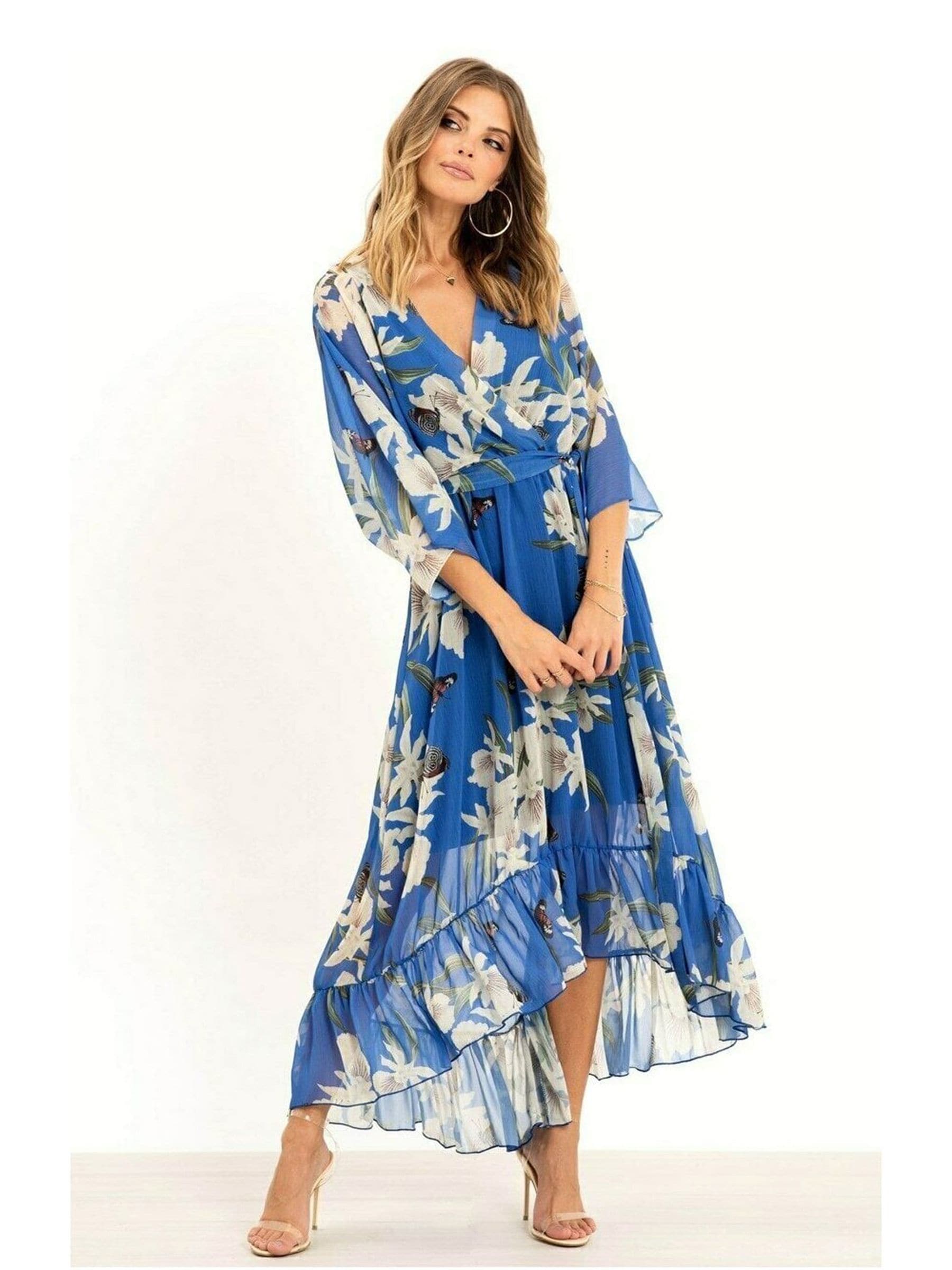 Buy Yumi Blue Floral Kimono Sleeves Dip Hem Wrap Midi Dress from Next Austria