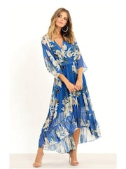 Yumi Blue Floral Kimono Sleeves Dip Hem Wrap Midi Dress - Image 1 of 5