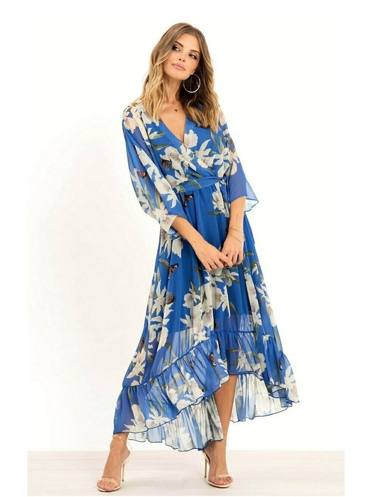 Yumi Blue Floral Kimono Sleeves Dip Hem Wrap Midi Dress - Image 1 of 5